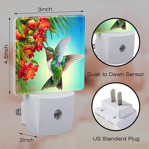 Image of Hummingbird with Flowers Night Light for Kids,Red Tropical Floral Leaves Hummingbird Night Light Plug in with Dusk to Dawn Sensor,0.5w Energy Saving Nightlight for Hallway Stairway Kitchen Bedroom