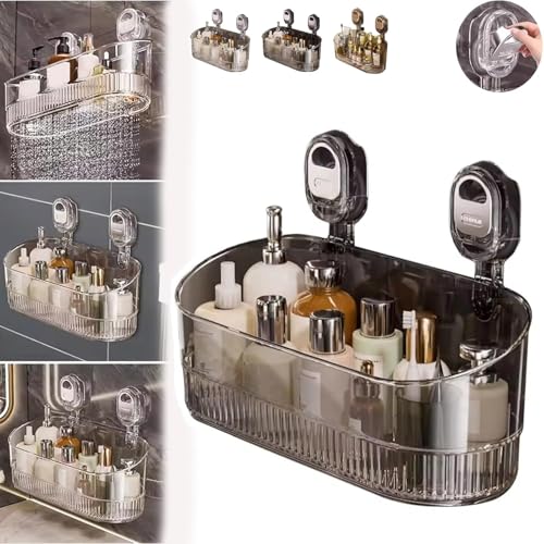 OSICAPEA Firmstaunch Suction Cup Storage Rack Basket, No-Drill Large Capacity Strong Load-Bearing Bathroom Suction Storage Box Hanging Dorm Shower Shelf Corner Shower Caddy for Inside Kitchen(Gray)