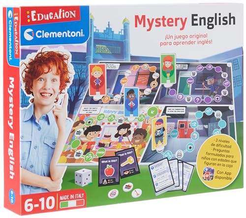Clementoni - Mistery English - Juego Educativo Aprender inglés. con Tablero, fichas y Personajes, 3 Niveles de dificultad. Juego niño 6 años, Juguete en español (55227)