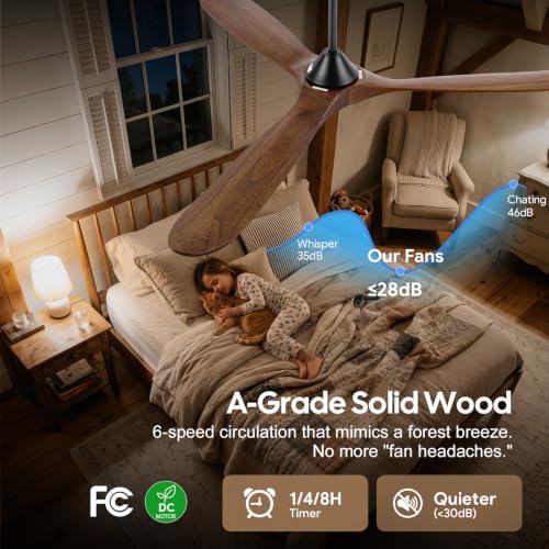 Image of 52 inch Ceiling Fans with Lights, 3 Solid Wood blade Fan
