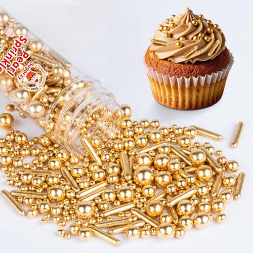 Image of Gold Pearl Sprinkles,Edible Rods Pearl Sugar Candy Mix Size,130g /4.58oz,Baking Edible Cake Decorations,Cupcake Toppers,Cookie Decorating Donuts Ice Cream,Food Grade,Holiday Wedding Birthday Party Supplies