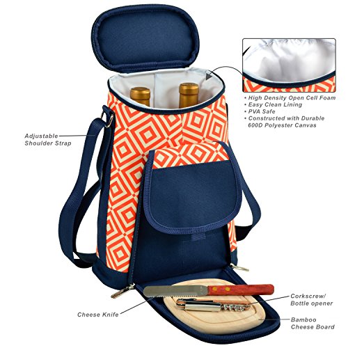 Picnic at Ascot Personalized Monogrammed Stylish 2 Bottle Insulated Wine Tote Bag with Cheese Board, Knife and Corkscrew