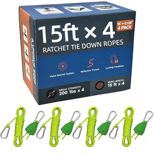 15ft Ratchet Straps Ropes Tie Down Rope Strap Small Mini Reflctive Outdoor Windproof Rope Roller Adjustable Camping Tent Hanger Grow Light Kayak Paracord 4 Pack 5/32
