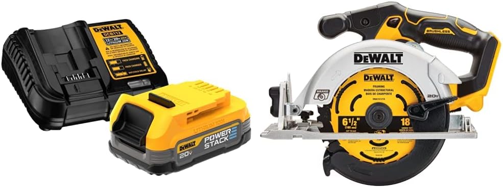 DEWALT 20V MAX* Starter Kit with POWERSTACK™ Compact Battery and Charger (DCBP034C) & DEWALT 20V MAX* Circular Saw, 6-1/2-Inch, Cordless, Tool Only