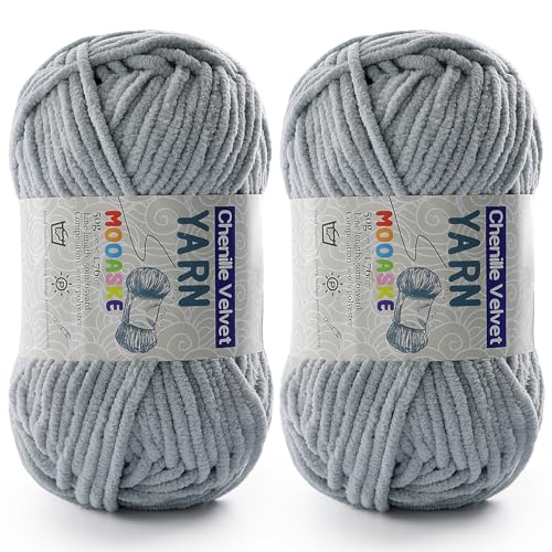 Image of 2 Pac Chenille Yarn for Crocheting - Blanket Yarn for Crocheting - Fluffy Yarn for Crochet, Baby Yarn for Crocheting Soft Blankets Weight Per Roll 50g /1.76oz, Length 60m /65yard (Light Grey)