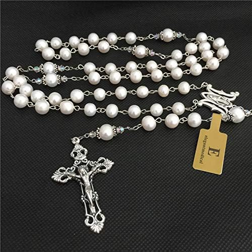 Miniatura 8 de elegantmedical perlas collar real lazo plata esterlina cuentas padre boda rosario cruz, Perla