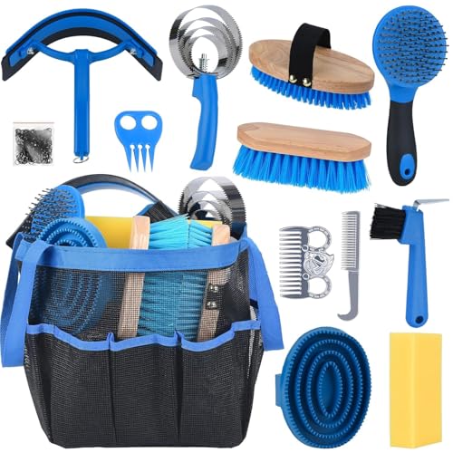 13 Piece Horse Grooming Kit, Horse Brushes for Grooming Supplies with Portable Bag, Horse Brush Set & Curry Comb for Effective Bathing and Massaging, Gift for Horses Riders Beginners (Blue)
