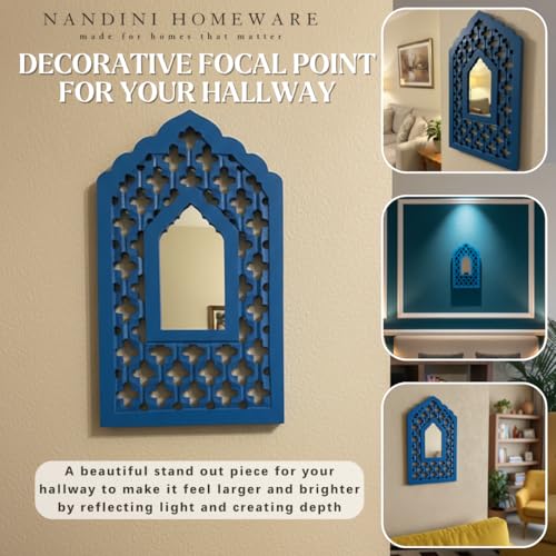 Image of Nandni Homeware Handcrafted Traditional Wooden Jharokha Wall Art with Mirror Work | Boho Vintage Style Decorative Wall Hanging for Living Room, Bedroom & Home Interiors (Blue Mughal)