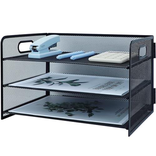 HIHOBDAY 3 Tier Paper Organiser Mesh Letter Tray Metal Magazine File Desk Storage For Office School Home Black