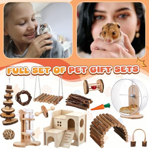 Sonwyoung 18 Pcs Hamster Toys Set, 10 Kinds Small Animal Chewing Toys, Maze Wood House, Silent Exercise Running Wheels and Water Bottle Set for Hamster Habitat Rat Cage Accessories(Mixed Play Style)