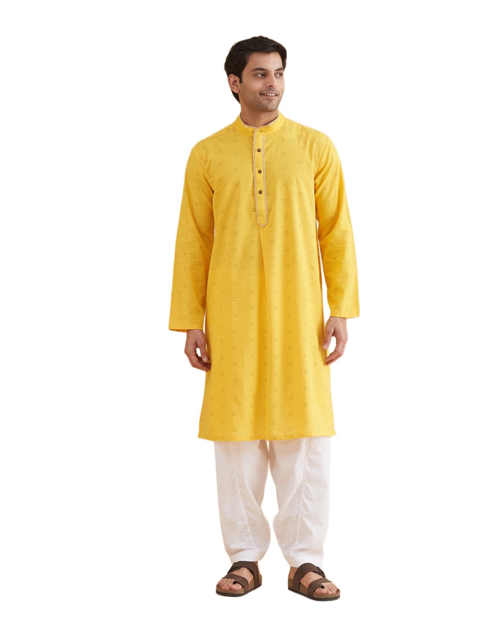 fabindia Fabnu Men Cotton White Embroidered Mandarin Collar Full Sleeves Everyday Comfort Fit Kurta-picture-41