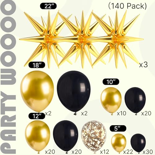 Image of PartyWoo Black and Gold Balloon Arch Kit Garland 140pcs Different Sizes of 18 12 10 5 Inch Black Metallic Gold Confetti 22 Inch Star Balloons for Graduation Birthday New Year's Eve Party Decorations