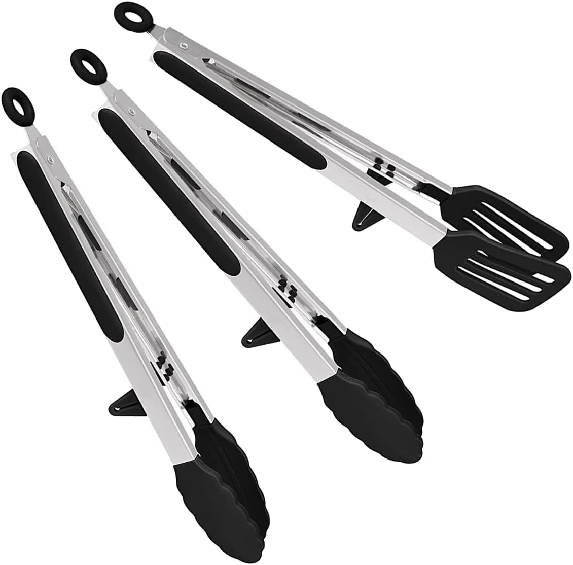 12 Inch Kitchen Tongs for Cooking, Cooking Tongs with Silicone Tip and Stainless Steel Handle Smart Locking Clasp, Heat Resistant 2 Food Tongs and 1 Spatula Tong for BBQ Serving Frying Salad