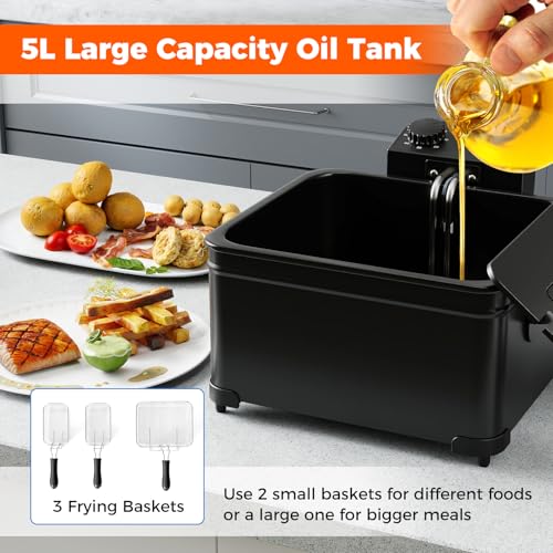 Image of DORTALA 5L Electric Deep Fryer, 1700W Oil Fryer with 3 Detachable Frying Basket, Adjustable Temperature Control & Timer, View Window Lid, Kitchen Countertop Frying Pot for Home Use