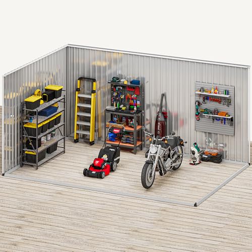 Image of DWVO 12x8ft Large Tool Storage Shed with Window, Lockable Doors, and Sloped Roof, Oversized Steel Outdoor Storage Shed for Garden, Patio, Garage, Backyard, Lawn(Gray + White)
