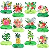 Adecortalk 12 Pcs Summer Hawaii Luau Honeycomb Centerpieces Tropical Aloha Party Decorations Green Flower Leaf Table Toppers Paper Centerpieces for Tropical Beach Pool Swim Hawaii Party Decorations