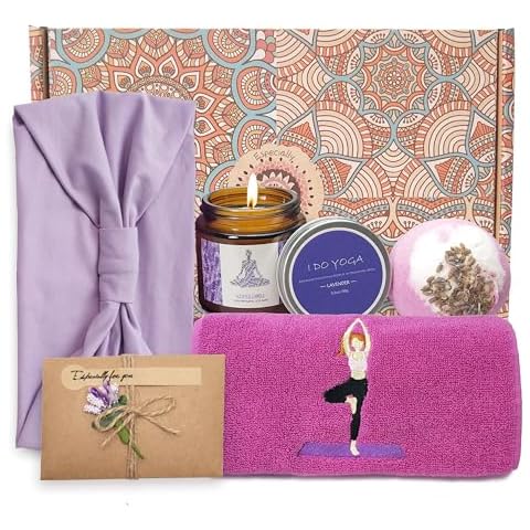 Yoga Gifts for Women – Relaxing Lavender Spa Kit with Embroidered Yoga Towel, Scented Candle, Bath Bomb, Hairband & Card – Gifts for Yoga Lover, Her, Friends, Mom, Sister, Coworker, Wife, Instructor Cover