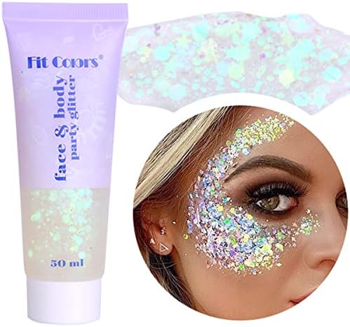 MEICOLY White Body Glitter,Music Festival Rave Accessories,Mermaid Face Glitter Gel,Self-Adhesive Sequins Glitter Face Paint,Chunky Glitter for Eye Lip Hair,Sparkling Holographic Gel for Women,50g