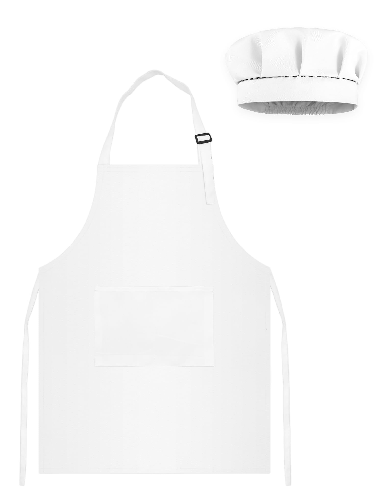 TOPWAYS Kids Apron and Chef Hat Set White, Adjustable Children Chef Apron Outfit Costume, Kitchen Apron for Baking Cooking Painting, Artist Apron with Two Pockets L for Kids 7 8 9 10 11 12 13 Years