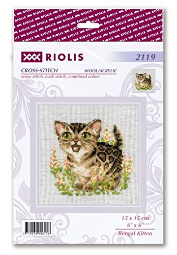 Image of RIOLIS - Bengal Kitten 2119, Cross Stitch Kits 6 inch x 6 inch, Cross Stitch Kits for Beginners & Advanced, Crossstitching Kit Adult, Embroidery Counted Stitching Kit