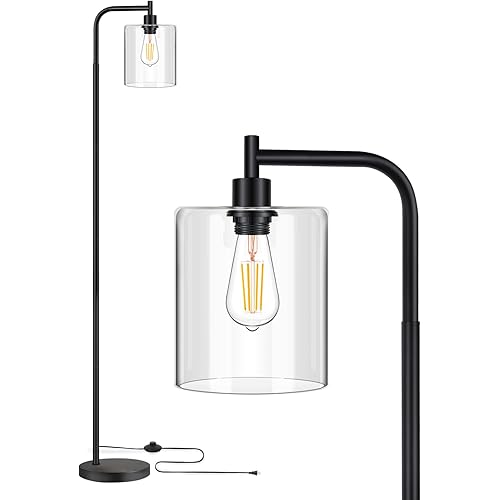 MAXvolador Industrial Floor Lamp, Modern Standing Lamps with Hanging Clear Glass Shade, Classic Reading Tall Pole Light for Living Room Bedroom Office Study Room Farmhouse, Black