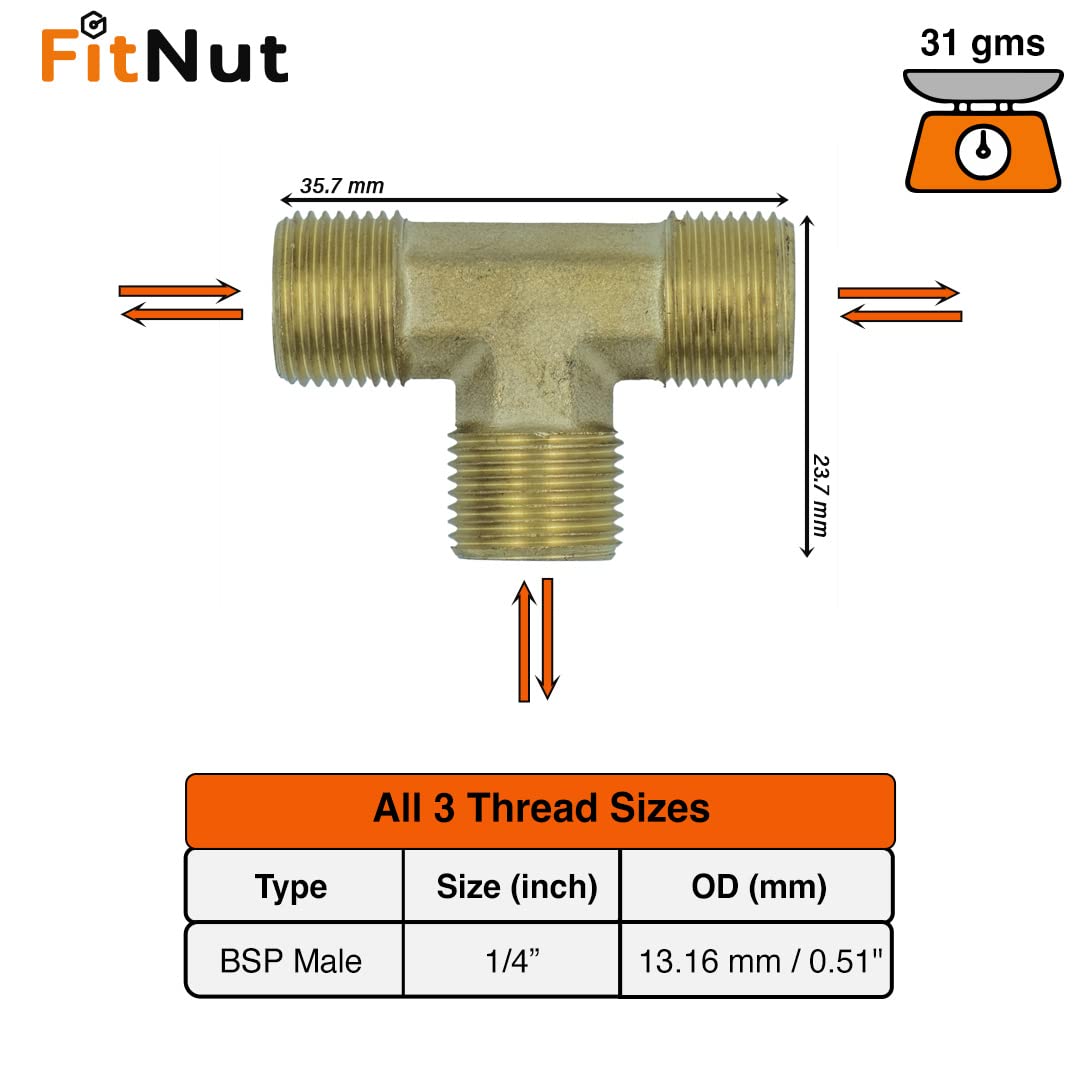 Brass 3-Way Tee Fitting - BSP 1/4" -3