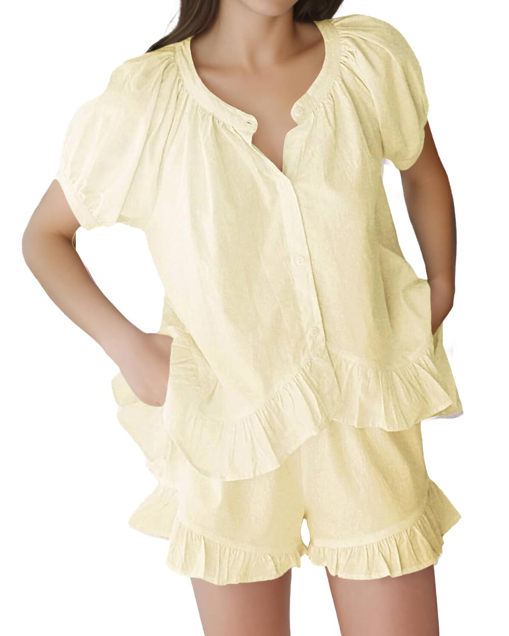 Xfileen Womens Fashion Summer Short Sets Short Sleeve Button Down Ruffle Trim Top and Shorts Cotton Pajama Sets