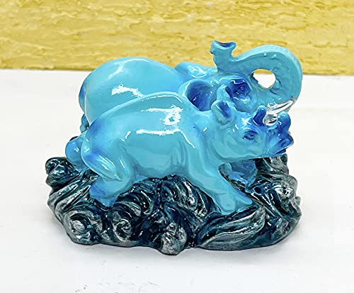Image of Exclusive Fengshui Polyresin Blue Elephant with Hippo Trunk Up for Wealth Good Luck & Fortune. (ES-2603)