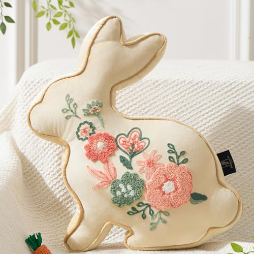 Image of Phantoscope Happy Easter Bunny Shaped Throw Pillow, Embroidered Floral Patterns Cushion Soft Velvet Easter Rabbit Decorative Pillow for Couch Living Room Bed, Beige,18 x 15 inches