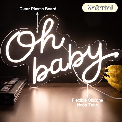 Image of Oh Baby LED Neon Sign for Backdrop, Baby Shower Nursery Decor Dimmable USB | Backdrop & gender reveal sign. Warm white glow for party photos, dimmable for baby showers, birthday parties & nursery decor