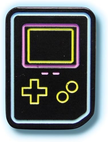 Insignia esmaltada retro de Game Boy, color negro con contorno de neón, 0.984 in x 0.717 in, 0.079 in de grosor, consola portátil vintage de los