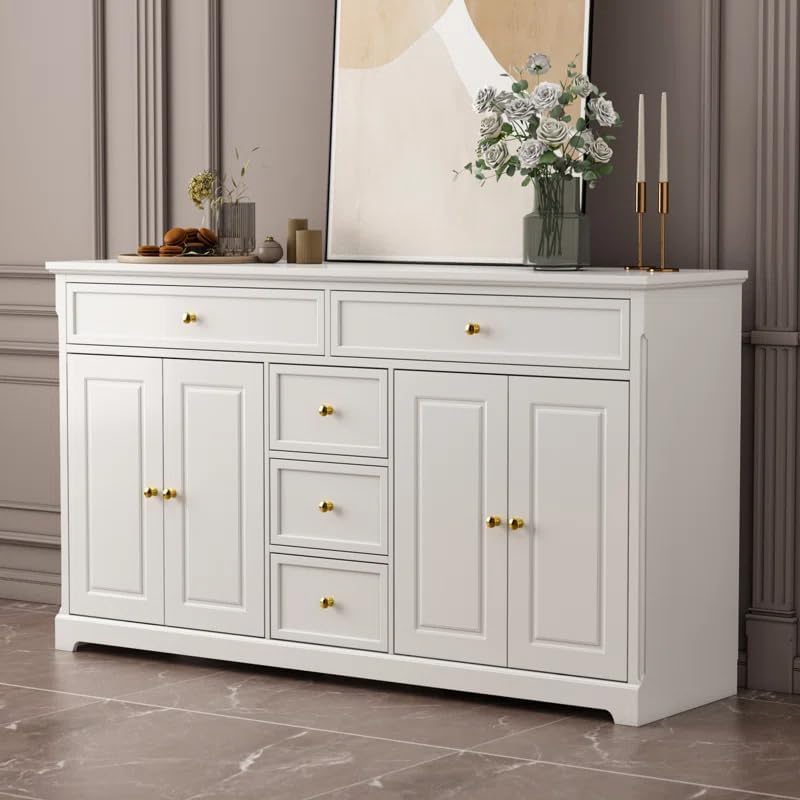 SHREE NATURAL® Solid Wood Sideboard with 4 Design Door & 5 Drawers for Living Room | Solid Wood Cabinet for Storage |Multipurpose Cabinet for Kitchen and Living Room Storage (White Deco)-picture-12