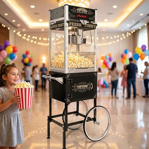 Image of 32oz Commercial Popcorn Machine Vintage Black Pop Corn Popper Cart | 32OZ Non-stick Stainless Steel Kettle, 3-Switch Control, Home Theater Style for Movie Night, Party, Office, School, Business