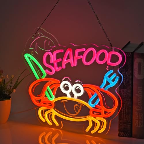 Image of Seafood Neon Sign, Neon Lights Hanging Wall Art Decoration for Restaurant Shop Market Mall Grocery Bar Celebration Home Decor, USB Powered Ultra Bright Dimmable, 14.96 * 12.6inches