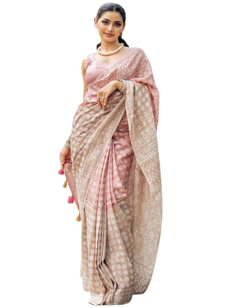 Linen Saree, Peach, Floral and Ethnic Print, Soft Lightweight Designer with Unstitched Blouse Piece-image-47