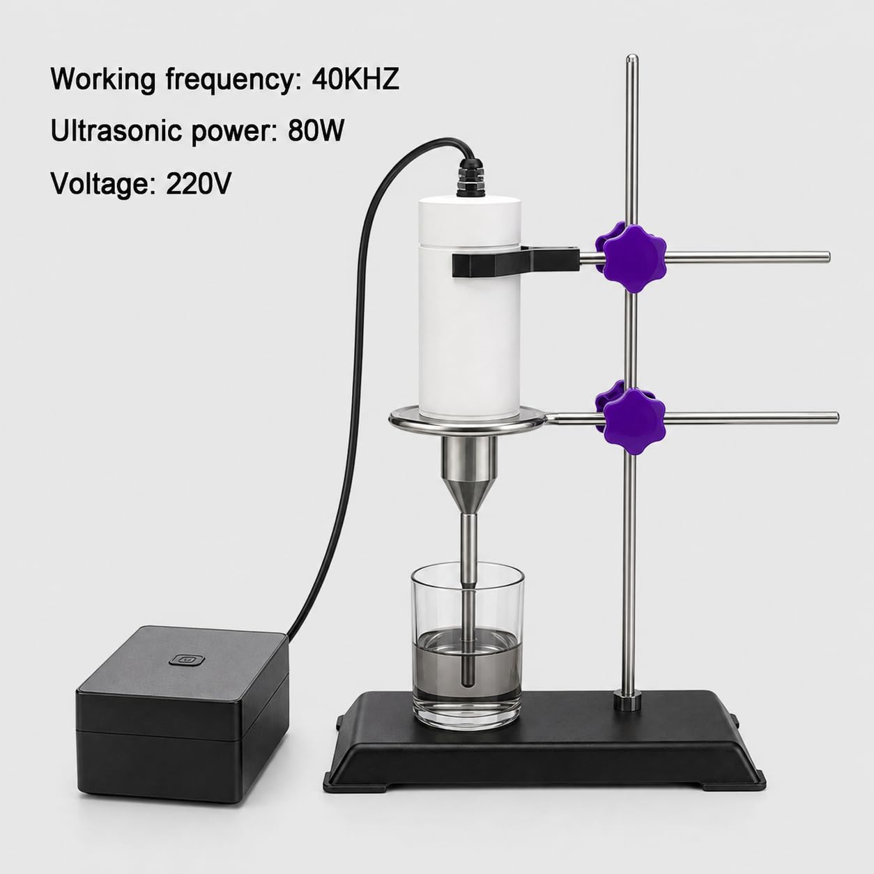 Sonicador homogeneizador ultrasónico con soporte ajustable para uso manual, ideal para aplicaciones de laboratorio e investigación, alta eficiencia y rendimiento versátil