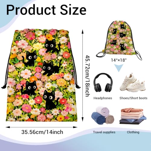 Image of Cat Drawstring Bag Foldable Storage Floral Bags for Cloth Shoes Toiletries