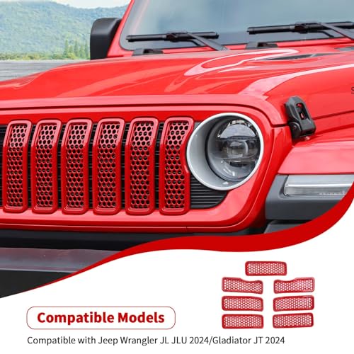 Image of JeCar Front Grille Inserts Mesh Grill Frame Trim Covers Exterior Accessories Compatible with Jeep Wrangler 2024 JL JLU & Gladiator JT 2024, Red