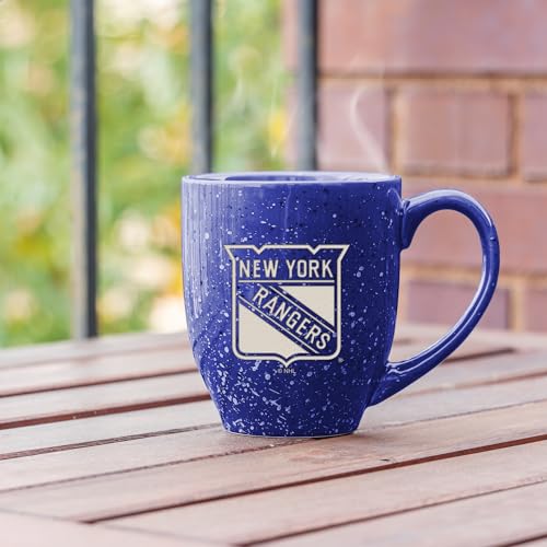 Image of Rico Industries NHL Hockey New York Rangers Royal Personalized 16 oz Team Color Laser Engraved Speckled Ceramic Coffee Mug