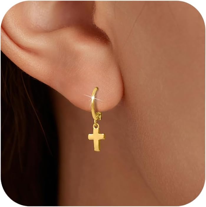 SUYACS 14k Gold Plated Cross Drop Dangle Earrings for Women Men Trendy 925 Sterling Silver Cross Hoop Huggie Earring Christian Pray Belief Piercing Earring Jewelry Gifts for Mom Daughter
