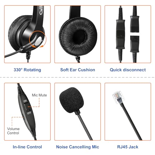 RJ45 Telefon Headset mit Mikrofon Noise Cancelling & Quick Disconnect Kabel, Festnetztelefon Kopfhörer Kompatibel mit Siemens Unify OpenStage 30 40 60 80 OpenScape, Mitel/Aastra 5370 6773 Telefone