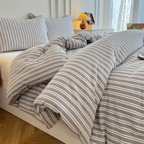 Image of Cyusri Cotton Stripe Full Comforter Set - Soft Lightweight Bedding 3 Pieces Dyed Bed Set with 2 Pillow Shams,Reversible All Season Farmhouse Down Alternative(Full Size 80 inchx90 inch Grey White)