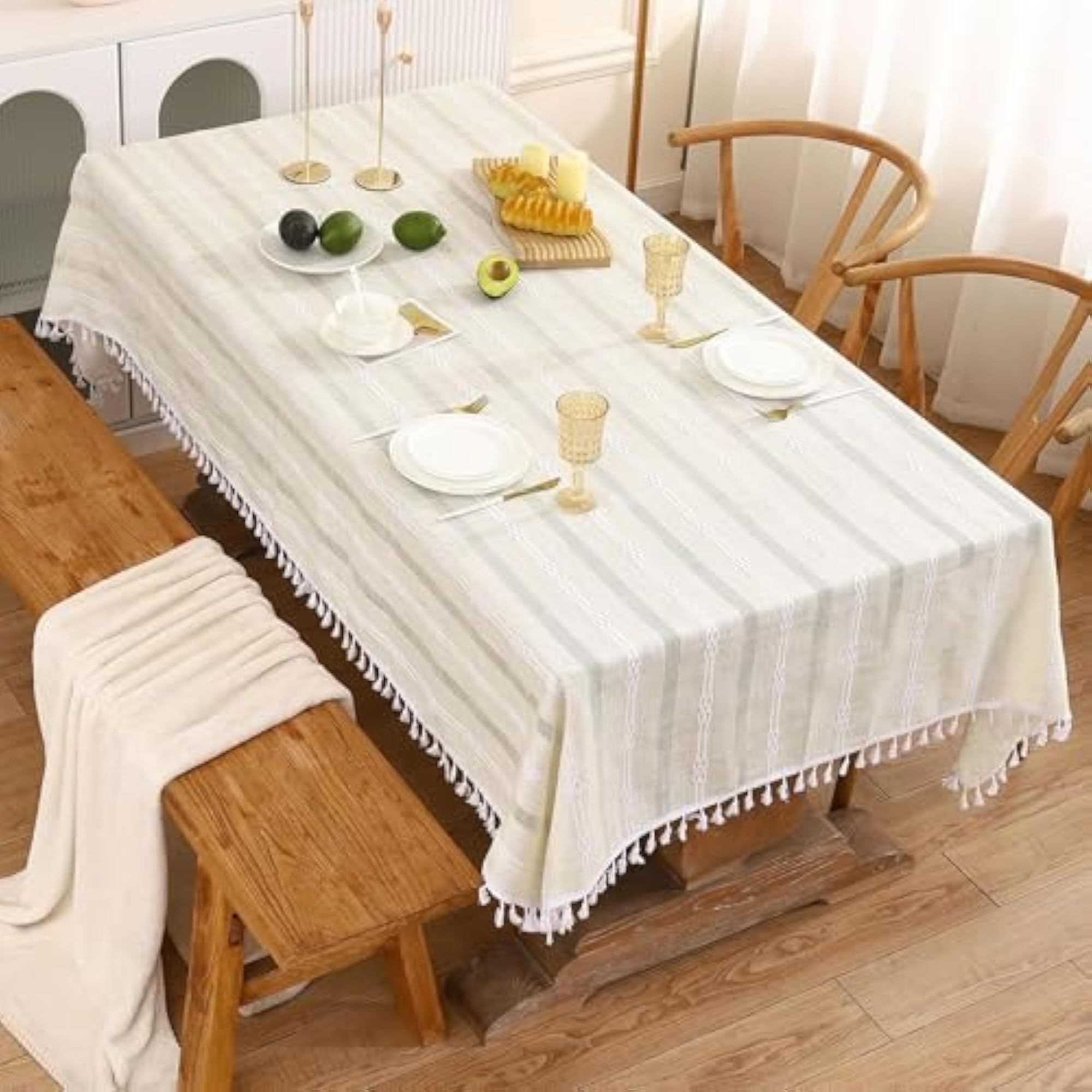 Farmhouse Dining Table Cover with Embroidery & Tassel Edges
