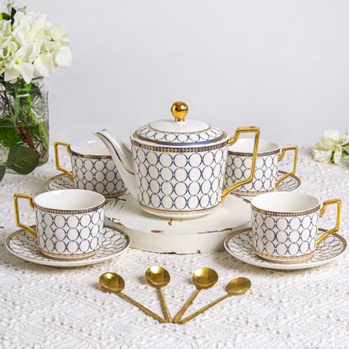 Cwlwgo 7 Oz Bone China Blue Tea Cup And Saucer Service For 4,Afternoon Porcelain Tea Set With Teapot,Tea Sets For Women Tea Party. cover
