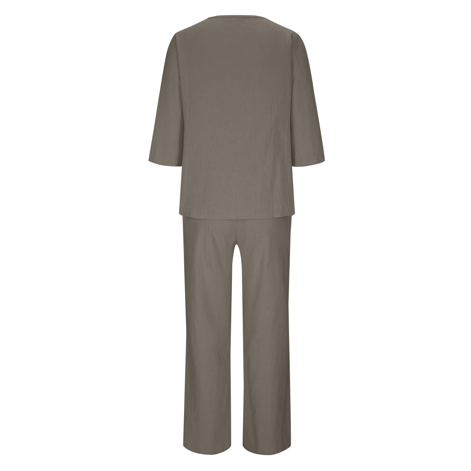 Homewear - Tuta da donna 2 pezzi, in cotone e lino, pantaloni lunghi e | Tuta da donna a 2 pezzi, vestibilità ampia, maniche a 7/8, a maniche lunghe, girocollo, per il tempo libero