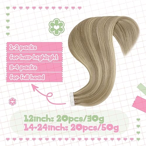 YoungSee Blonde Tape in Hair Extensions Human Hair Highlight Brown Human Hair Extensions Tape 20 Inch Blonde and Light Brown Extensions Tapes for Date Night 20pcs 50g - Image 4