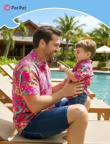 Image of PATPAT Family Hawaiian Matching Outfits - Mommy and Me Vacation Outfits | Halter Sundresses and Button Down Shirts,Caribbean Vacation Summer Tropical Outfits,Hawaiian Boho Tropical Floral Printed