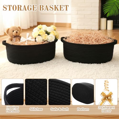 Image of Colingmill Woven Basket with Gift Bags and 2 Ribbons, Raffia Grass Paper Shred Filler, Gift Card, Empty Small Rope Basket for Storage Presents Toy Organizer(Black,12 * 8 Inch)