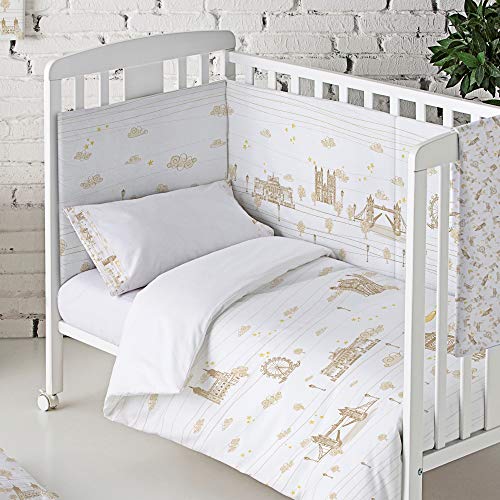 Eiffel Baby Protector Cuna Acolchado. Chichonera bebe. 100% Algodon. Calidad Diseño Infantil. Tamaños 60 x 120 cm y 70 x 140 cm. Estampado. Inglaterra Color Beige