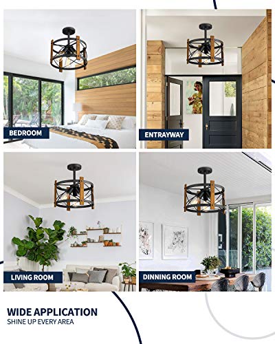 Hanass 3-Light Farmhouse Semi Flush Mount Ceiling Light, 13" Wood Flush Mount Light Fixture, Walnut Wood, Matte Black Finish, Mx99984 #TOP4